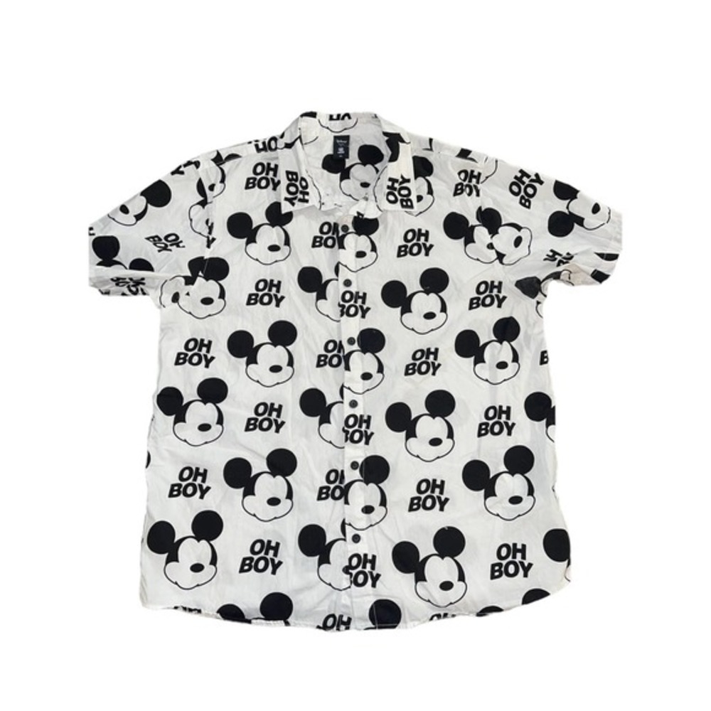 Disney Neff Mickey Mouse White Black Button‎ Down Shirt Size XL Oh Boy